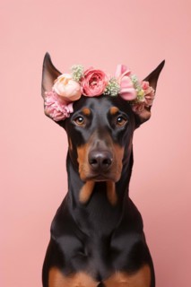 Doberman dog with flower crown on pastel studio background. KI generiert, generiert, AI generated