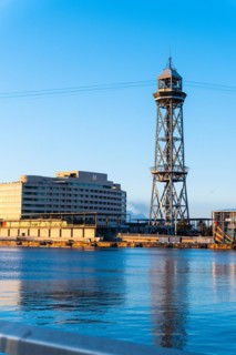 View of the old harbour and the cable car in Barcelona, Spain, Europe