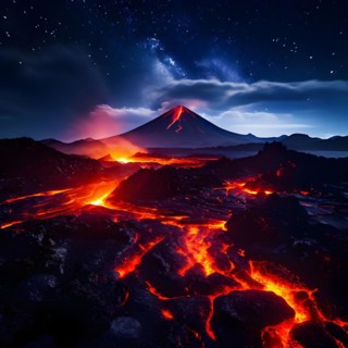 Night time drone shot of volcano mid eruption lava flows illuminating the darkness, AI generated