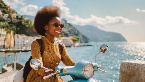 Joyful woman with sunglasses riding a vintage scooter along a italian lakefront on a bright day,
