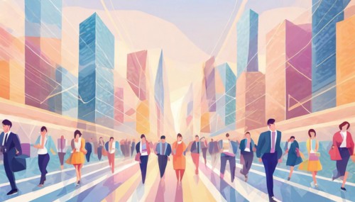 Geometrically abstracted image of a busy urban street with businesspeople and pastel buildings, low