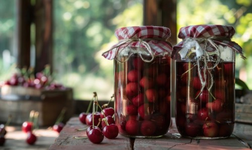 Ripe cherries showcased in a glass jar filled with clear syrup AI generated