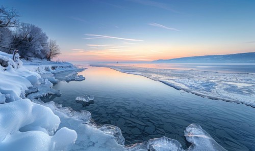 The lake frozen over in the depths of winter AI generated