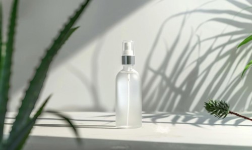 A blank spray bottle mockup containing aloe vera mist, nature cosmetic AI generated