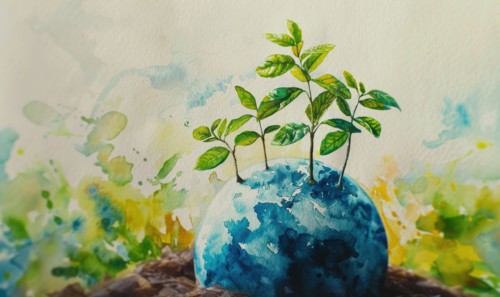 Vibrant watercolor painting of Earth with tree saplings growing on top AI generated