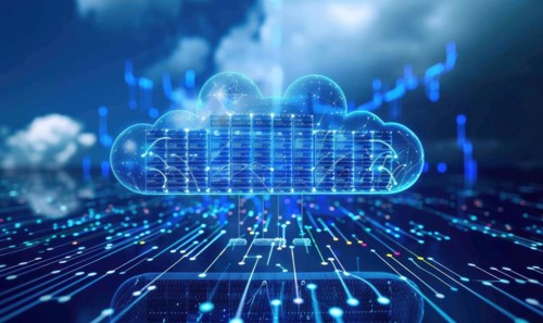 Cloud computing background with server racks and digital data streams AI generated