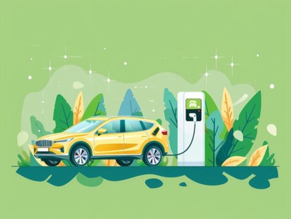 Yellow electric SUV being charged at a charging station surrounded by foliage, illustration, AI