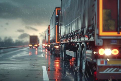 Traffic jam, congested motorway with many lorries and cars in rainy weather, poor weather