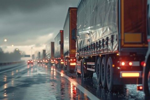 Traffic jam, congested motorway with many lorries and cars in rainy weather, poor weather