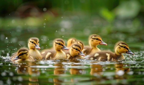 Ducklings swimming in a pond, close up view AI generated