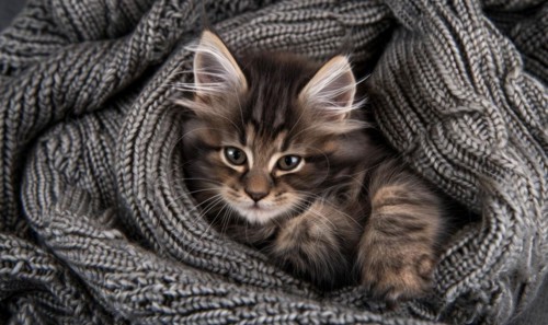Maine Coon kitten curled up in a cozy knitted blanket AI generated