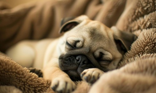 Sleepy pug puppy curled up in a soft bed AI generated