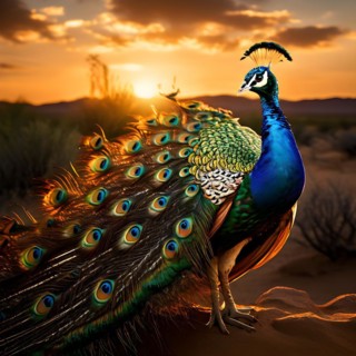 Peacock with the full display of magnificent plumage usp in each feather in the Thar desert, AI