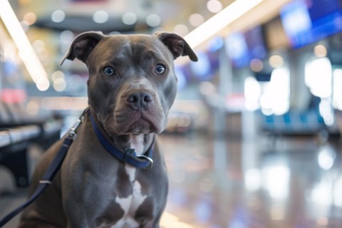 Traveling with a Pit Bull terrier. Dog with luggage in background at airport or train station. KI