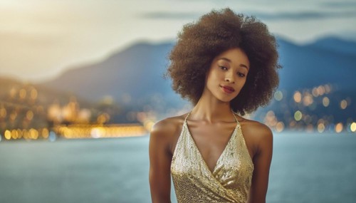 Glamorous woman in a golden evening gown against a waterfront with bokeh lights, blurry moody
