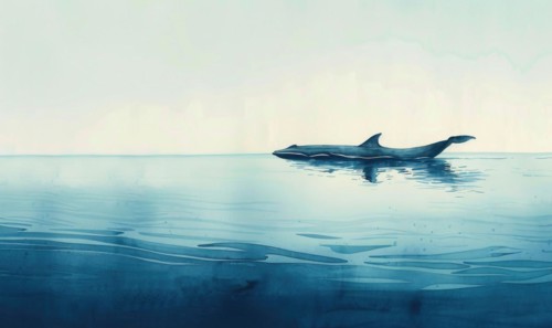 A serene watercolor painting featuring a solitary whale gracefully gliding through calm ocean