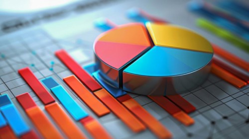 Colorful 3D bar and pie charts representing financial data analysis and business concepts, ai