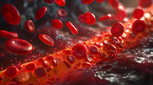 Microscopic view of red blood cells with a dynamic, glowing orange background, ai generated, AI