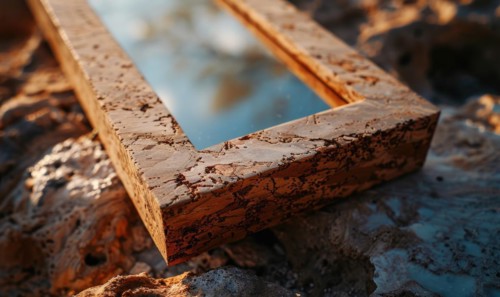 Delicate cork frame on minimalistic natural material, space for text AI generated