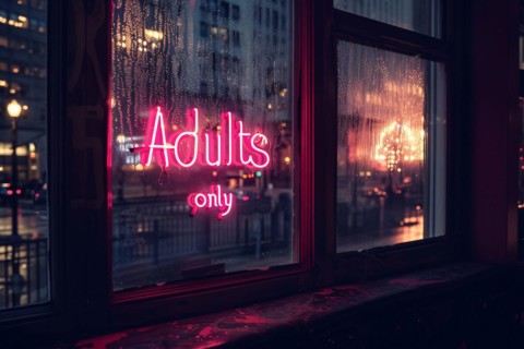 Glowing pink neon light 'Adults only' text hanging in window of bar at night. KI generiert,