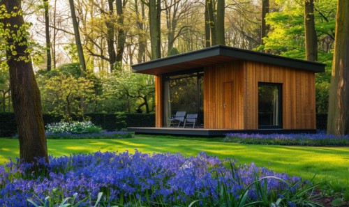 A serene modern wooden cabin surrounded by a lush carpet of bluebells and forget-me-nots in a