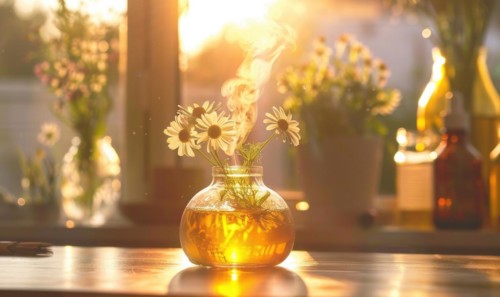 Chamomile essential oil diffuser in a cozy room, aromatherapy AI generated