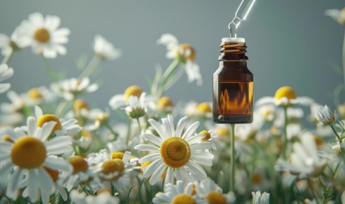 Chamomile essential oil in a dropper bottle, closeup view, skin care cosmetic background AI