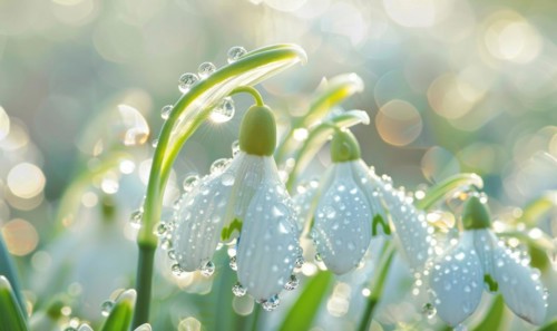 Close-up of snowdrops with dewdrops, spring nature background AI generated