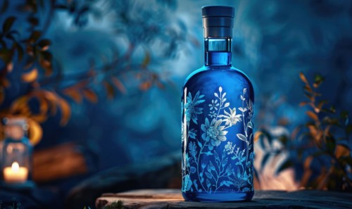 Cobalt blue glass bottle with botanical illustrations on background with textured shadow AI