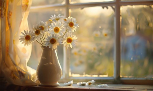 Daisies in a vintage vase on a windowsill AI generated