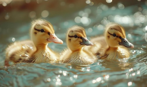 Ducklings swimming in a pond, close up view AI generated