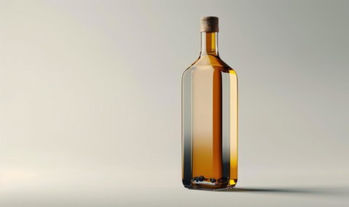 Studio shot of an amber glass bottle mockup filled with rich and aromatic cold-pressed olive oil AI
