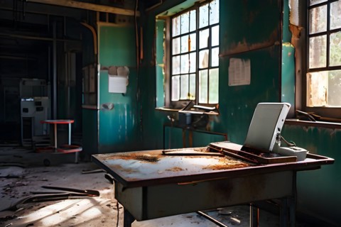 Abandoned hospital inside view of a deserted operating theater with rusting surgical tools, AI