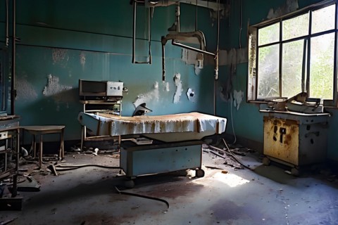 Deserted operating theater rusting surgical tools scattered on a surgical table, AI generated,