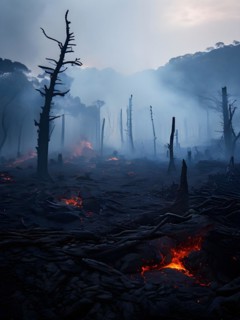 Charred tree skeletons in a smoke filled landscape remnants of a forest fire ignited by lava flow,