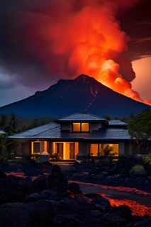 Single home standing resolute as an unstoppable lava flow looms close moments before engulfment, AI