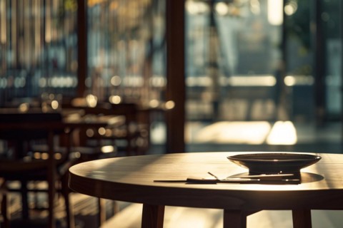 Warmly lit restaurant scene with an empty wooden table set with dishware and chopsticks, AI