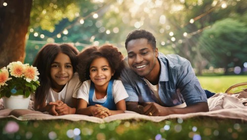 A content family sharing a picnic blanket in an outdoor park setting, AI generated