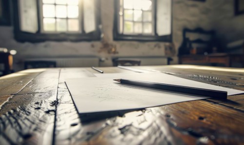 Graphite pencils and white paper scattered on a wooden table AI generated
