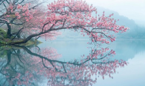 Springtime cherry blossoms in full bloom, cherry blossoms reflected on the calm surface of the lake