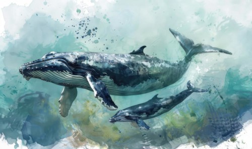Watercolor illustration of mother whale with her calf in ocean AI generated