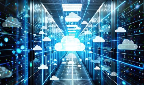 Cloud computing background with server racks and digital data streams AI generated