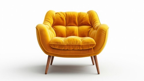 Vibrant yellow modern armchair with plush upholstery and wooden legs on a white background, ai
