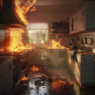 A kitchen is completely engulfed in flames and reflects total chaos, AI generates, AI generated