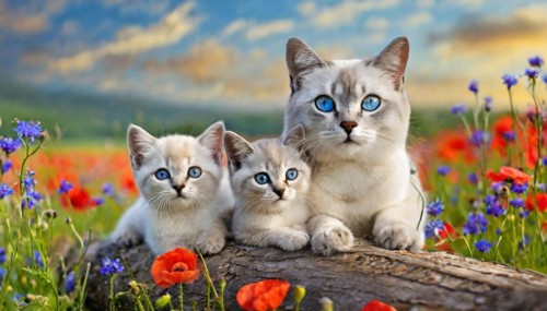 KI generated, animal, animals, mammal, mammals, cat, felidae (Felis catus), a cat and two kittens