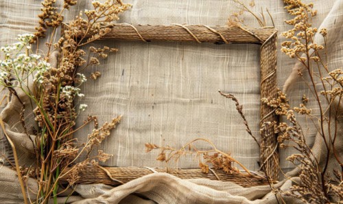 Delicate jute frame on minimalistic natural material, space for text, ecology nature background AI