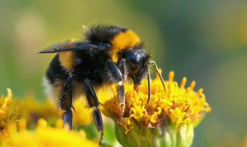 Bumblebee collecting pollen from flowers, closeup view, selective focus AI generated