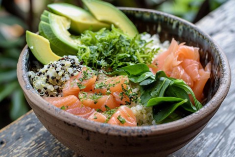 A nutritious poke bowl with salmon, avocado, quinoa, and leafy greens, AI generated