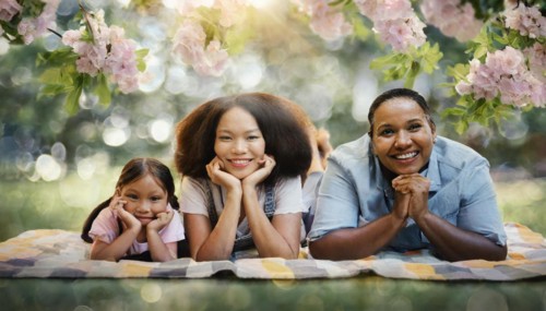 A happy mother and daughter lying on a picnic blanket surrounded by nature and flowers, AI
