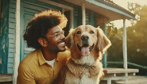 A man and his dog are smiling for the camera. The man is wearing casual the dog is wearing a collar